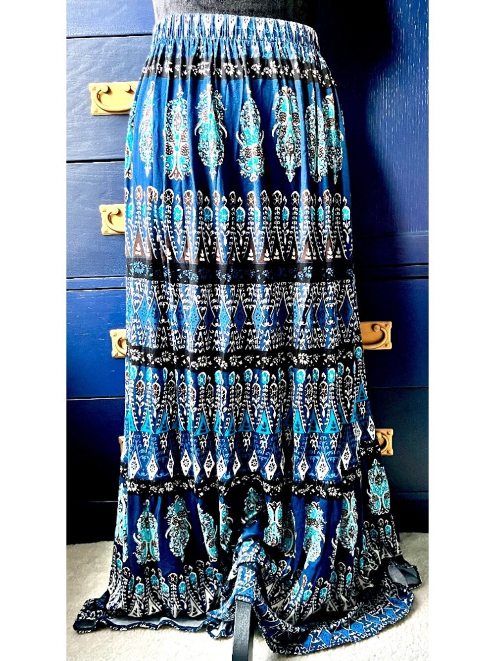 St. John's Bay Boho Tiered Maxi Skirt Blue Tribal Print Elastic Waist XL